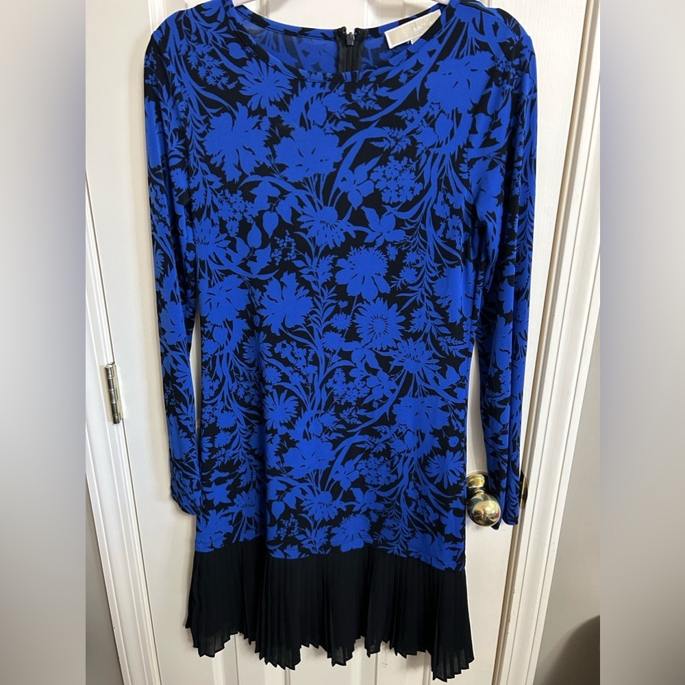 3/$30 Michael Kors Floral Pleated Midi Cocktail Dress Blue & Black Size XS